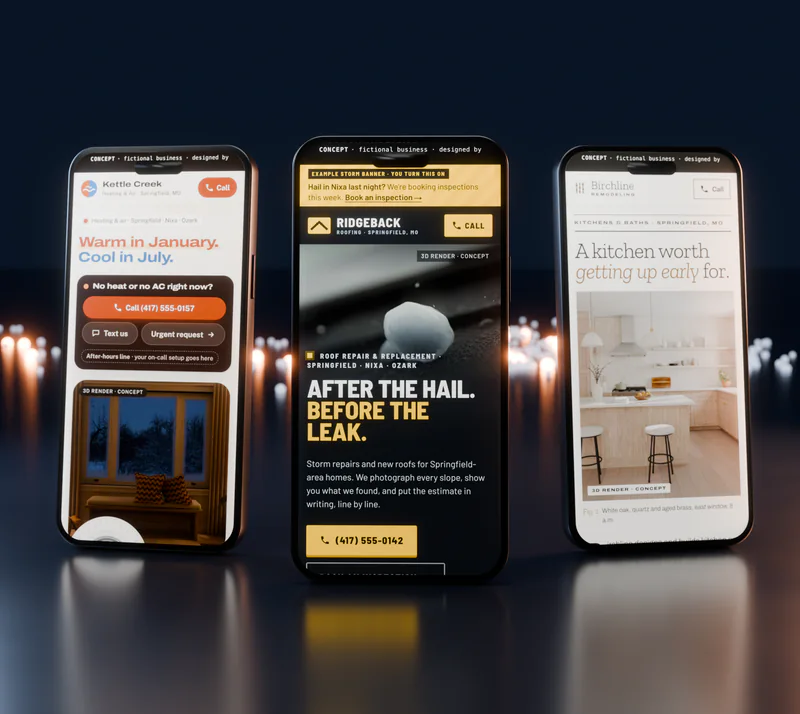 Three concept websites on phones: the kind of custom site every plan builds around your own business