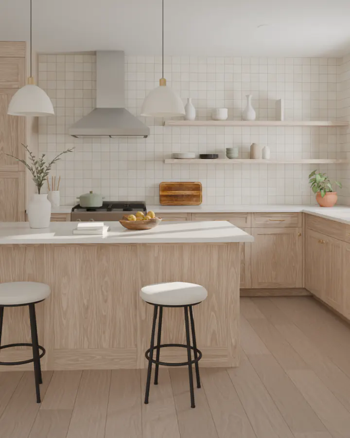 A bright oak and white tile kitchen